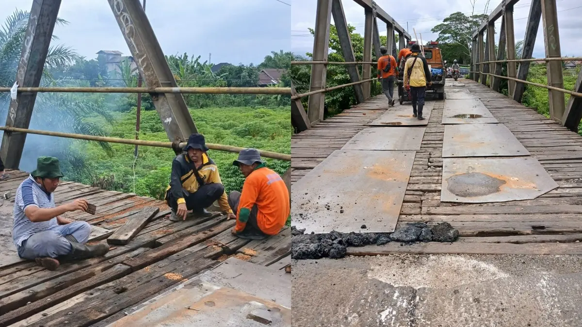 Petugas UPTD Perawatan Jalan dan Jembatan Dinas SDABMBKPRKP Kotim saat melakukan pemeliharaan Jembatan Patah di Jalan Kapten Mulyono Sampit, Senin (27/4).  (Foto SDABMBKPRKP Kotim)