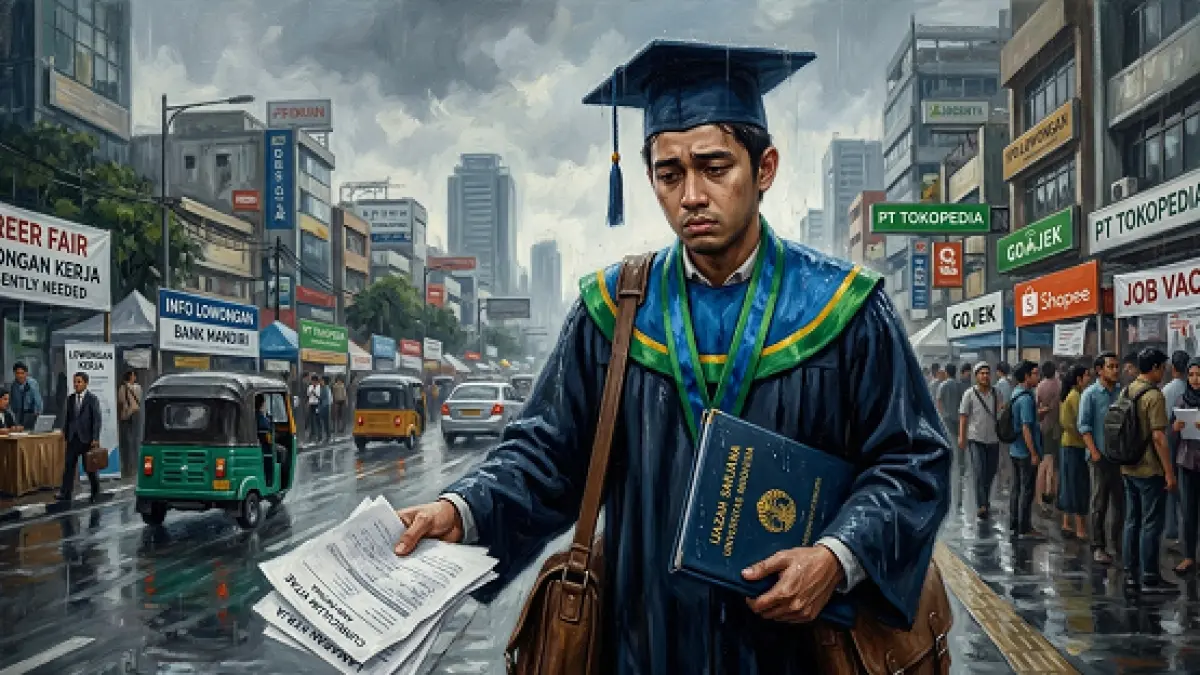 CARI KERJA: ilustrasi, seorang sarjana dengan membawa ijazah dan beberapa sertifikat keahlian.(Diolah dengan AI)
