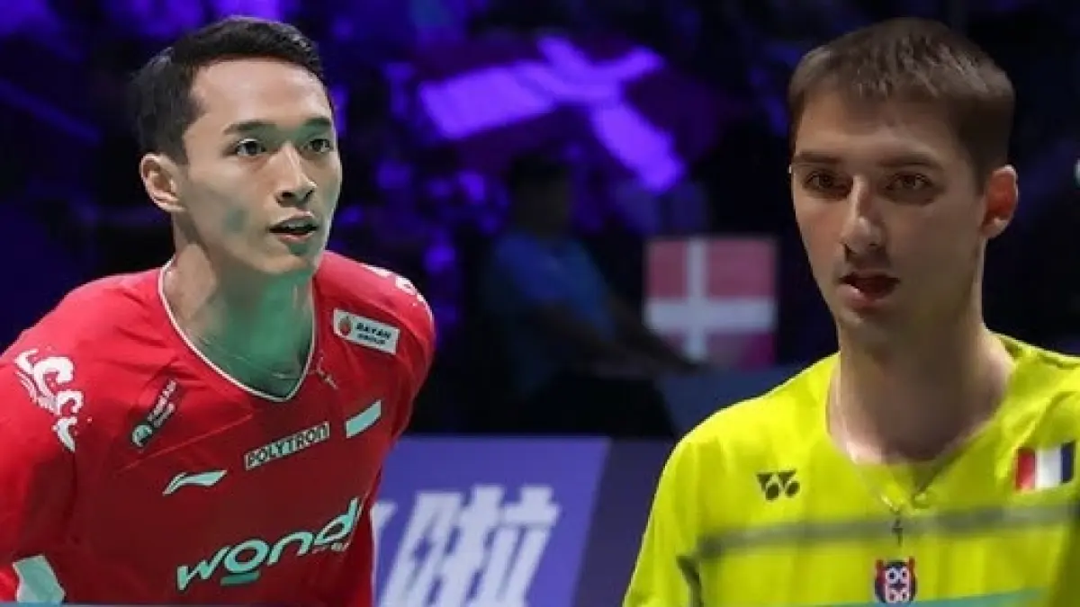 Jonatan Christie  dan Christo Popov  asal Prancis ynag bertemu di penyisihan Thomas Cup, Selasa (29/4).(net)