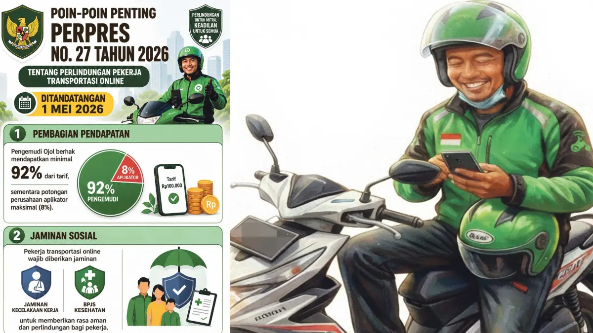 Ilustrasi seorang pekerja Ojol tersenyum merespon Perpres Nomor 27 tahun 2026.(Modifikasi AI)
