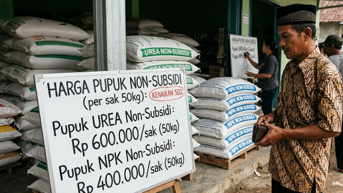 Ilustrasi ketika seorang petani memperhatikan selisih harga pupuk bersubsidi dan non subsidi. (Diolah dengan AI)