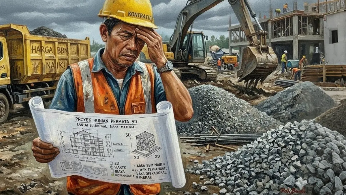 Ilustrasi kontraktor proyek pembangunan, memikirkan penyesuaian kenaikan harga BBM non subsidi, terhadap operasional pekerjaan di lapangan.(Dibuat dengan AI)