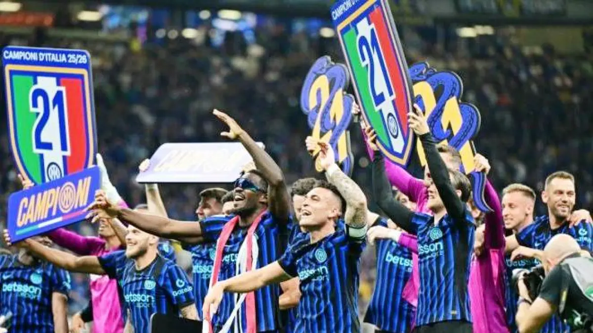 Selebrasi pemain Inter Milan setelah memastikan juara Liga Serie A Italia musim 2025/2026, Senin (4/5) dini hari WIB.(int)