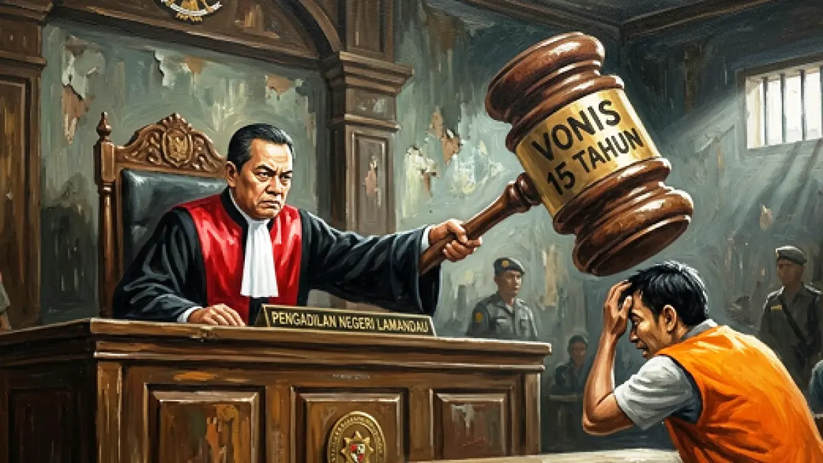 Ilustrasi ketika hakim menjatuhkan palu vonis 15 tahun penjara untuk kasus peredaran narkoba, dalam hal ini terpidana hanya sebagai orang suruhan alias kurir.(modifikasi AI)