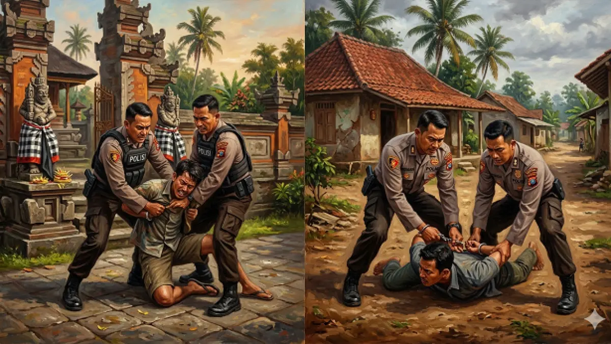 Ilustrasi Akhir Pelarian Dua Tersangka ‘Predator’ Anak asal Lamandau ketika ditangkap di Bali dan di Banten. (Modifikasi AI)