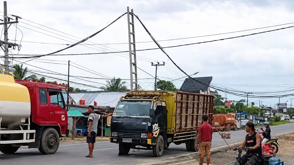 INSIDEN: Kabel telekomunikasi kendur akibat terkena truk tronton (Longbed) yang mengangkut alat berat di Jalan Ahmad Yani, SP2, Kecamatan Kumai, Kobar, Jumat (8/5/2026). FOTO: IST/RADAR SAMPIT