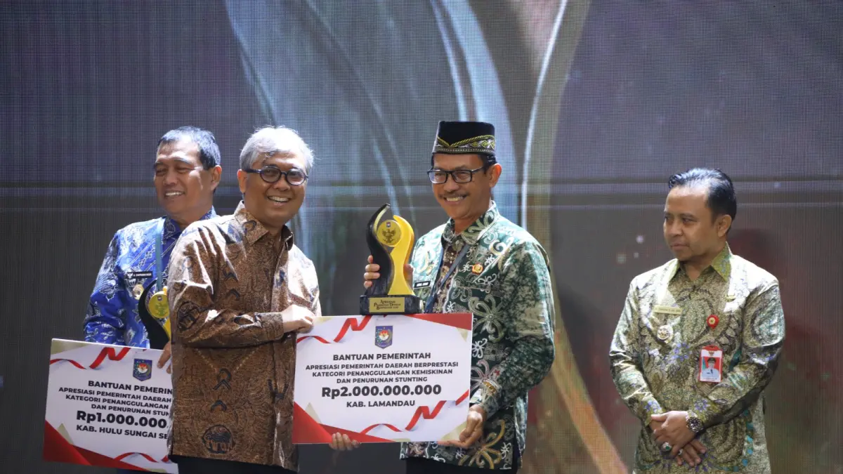 Pemerintah Kabupaten Lamandau menerima penghargaan Apresiasi Pemerintah Daerah Berprestasi Tahun 2026 Regional Kalimantan untuk kategori Penanggulangan Kemiskinan dan Penurunan Stunting. (foto: pemkab lamandau)