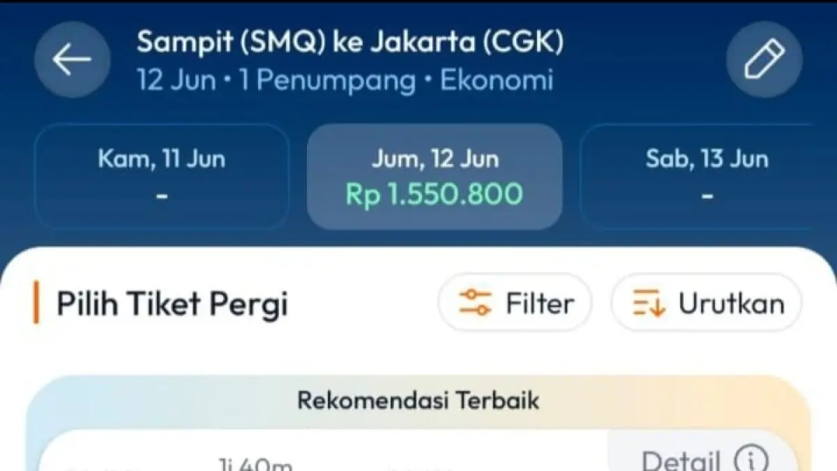 Tangkapan layar harga tiket Super Air Jet dari Sampit menuju Jakarta yang sudah muncul di platform pemesanan tiket online. (istimewa)