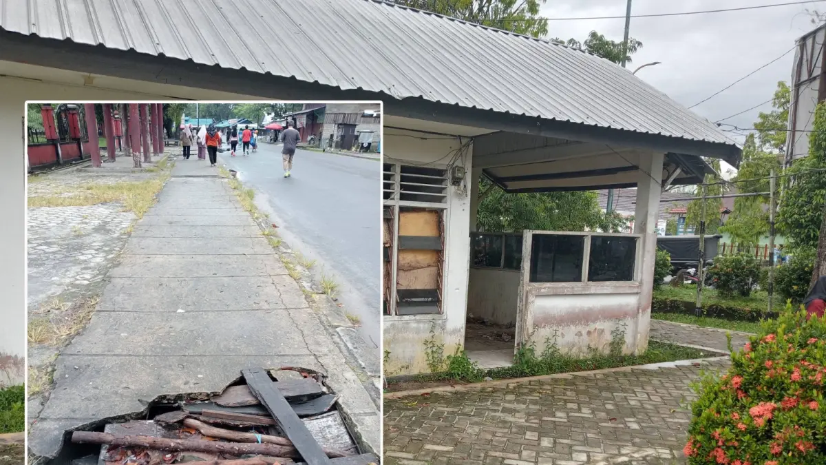 Bangunan Eks Pos Polisi Polsek Ketapang yang berada di Taman Kota Sampit terkesan kumuh. Sementara itu lintasan pejalan kaki dan lari juga terdapat lubang yang ditutupi dengan kayu seadanya, dirasa sangat mengganggu aktivitas warga. (Mursidi untuk Radar Sampit)