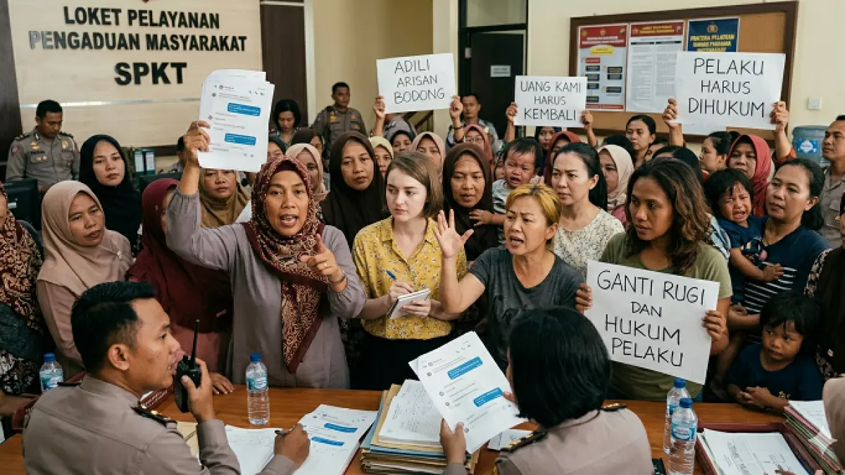 Ilustrasi puluhan kaum wanita ketika mengadu ke polisi, menuntut proses hukum terhadap tersangka arisan bodong.(Diolah AI)