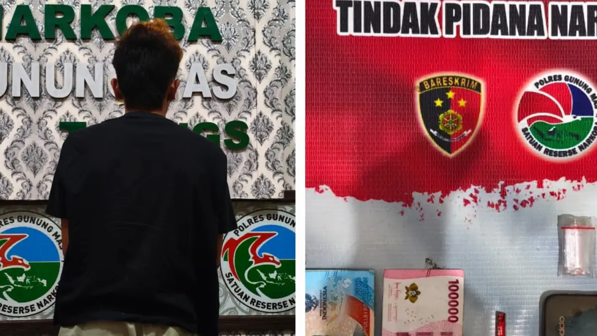 AMANKAN : Pelaku AG (21) beserta barang bukti ketika diamankan di kantor Satres Narkoba Polres Gumas, Selasa (12/5). POLSEK RUNGAN FOR RADAR SAMPIT 