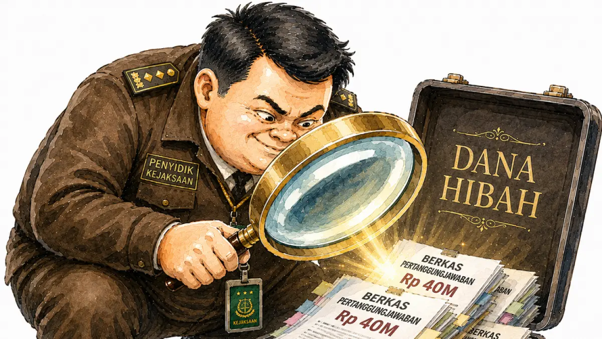 Ilustrasi penyidik saat menyoroti pertanggungjawaban dana hibah. (Diolah AI)