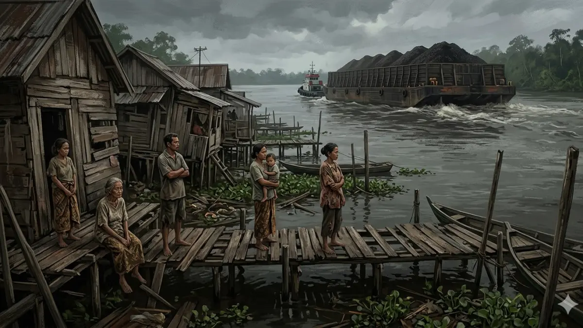Penduduk di pinggir Sungai Barito menyaksikan tongkang-tongkang raksasa melintas. (ilustrasi/gemini) 