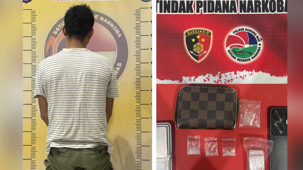 NARKOBA : Pelaku SH (31) beserta barang bukti sabu ketika diamankan di Kantor Satres Narkoba Polres Gumas, Jumat (15/5/2026). FOTO: POLRES GUMAS/RADAR SAMPIT