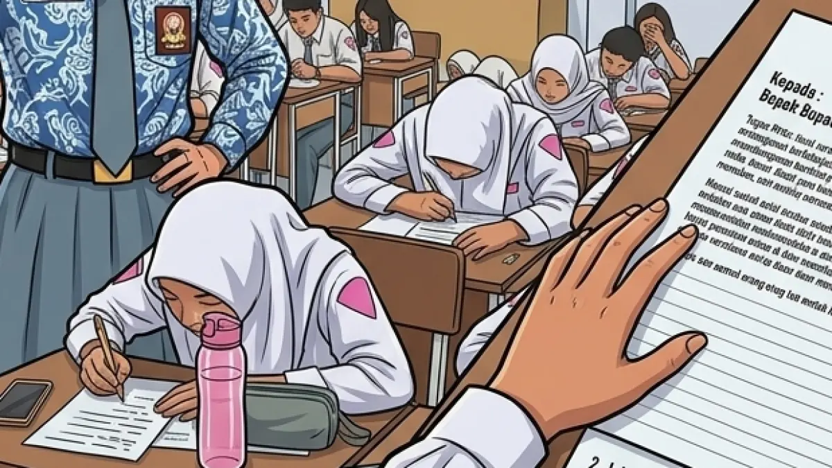 Ilustrasi peserta lomba menulis surat kepada Bupati Kotim, saat serentak menulis tangan. (modifikasi AI)