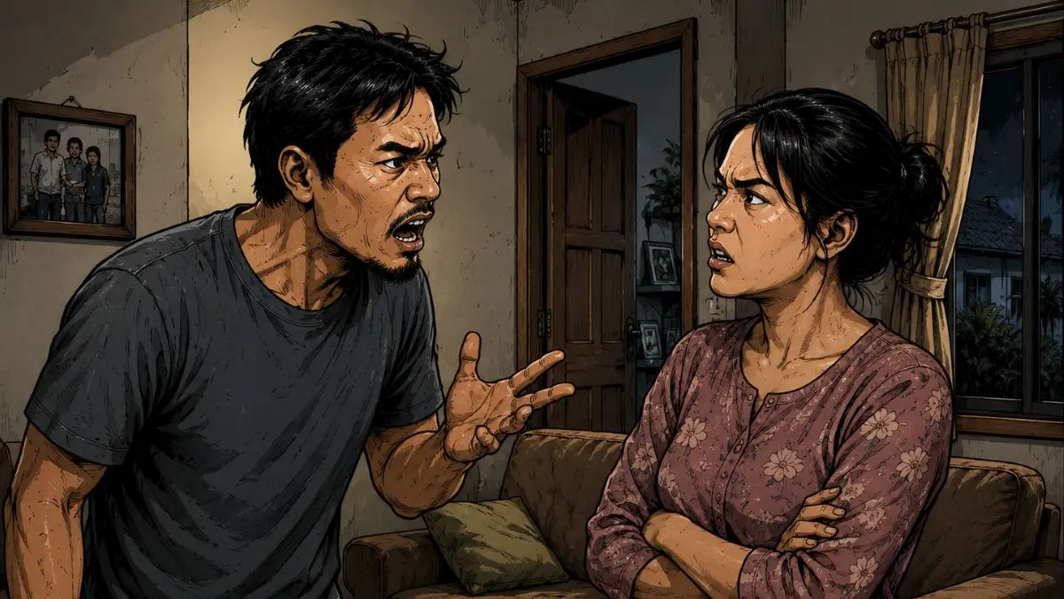 Ilustrasi pasangan suami isteri terlibat cekcok rumah tangga. (AI)