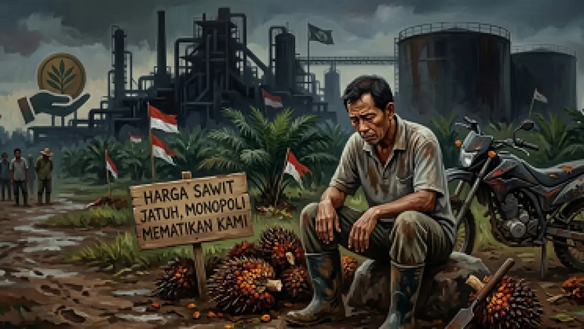 Ilustrasi seorang petani sawit lokal di Kalteng nampak murung menyikapi anjloknya harga TBS Sawit, imbas dari kebijakan pemerintah pusat. (Diolah dengan AI)