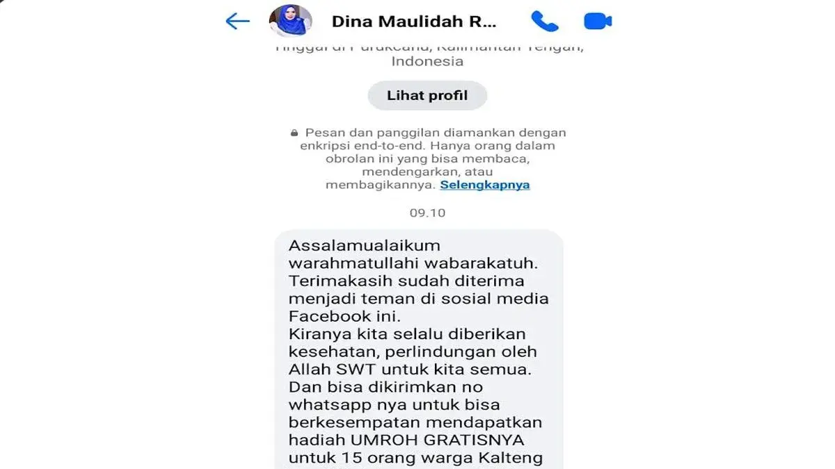 Tangkapan layar pesan yang dikirimkan akun medsos palsu yang mengatasnamakan Wakil Ketua I DPRD Murung Raya, Dina Maulidah. ANTARA