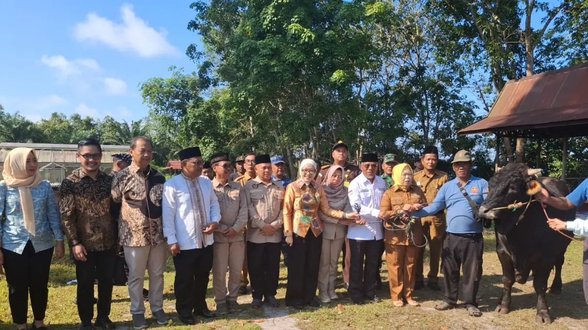 IDULADHA: Bupati Kotawaringin Barat Hj Nurhidayah bersama wakil Bupati Kobar menyerahkan sapi kurban.&nbsp; (SYAMSUDIN/RADAR SAMPIT) &nbsp;