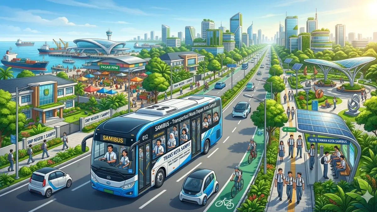 Ilustrasi Samibus (Sampit Mini Bus), sebuah moda transportasi umum yang idenya muncul dari pelajar di Sampit. (gemini generated image) 