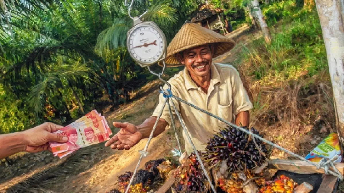 Ilustrasi seorang petani saat menimbang sawit hasil panennya di pengepul dan langsung menerima pembayaran tunai.(Diolah dengan AI)