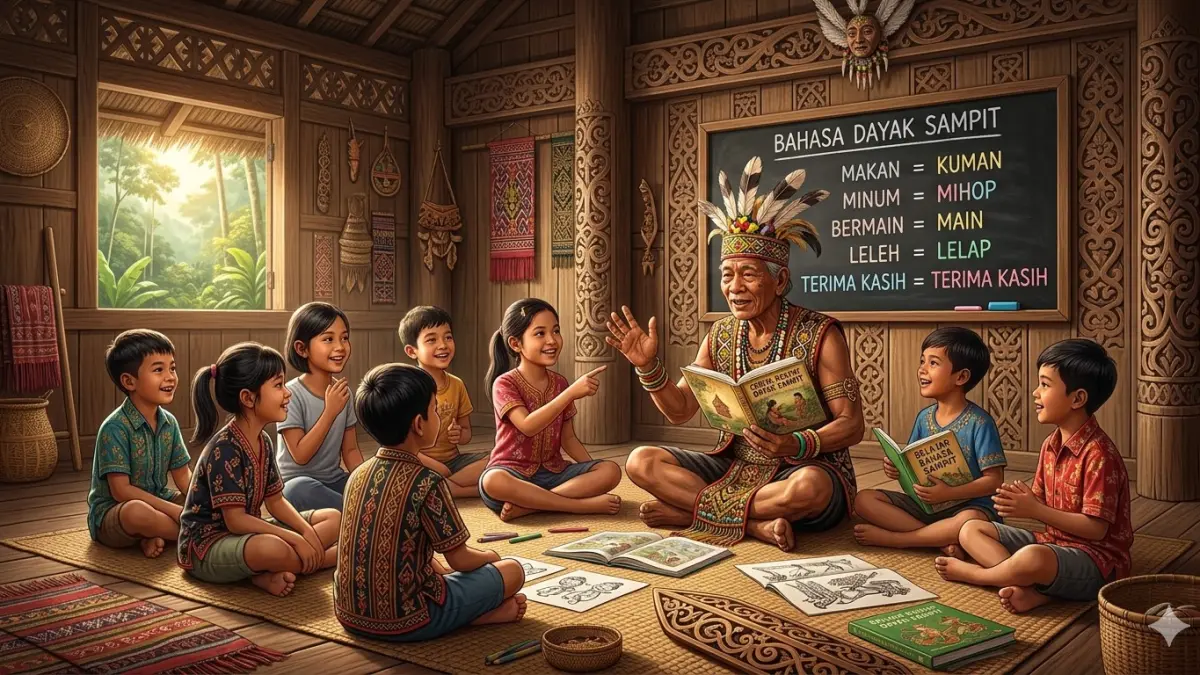 ilustrasi anak anak sedang belajar Bahasa Dayak Sampit