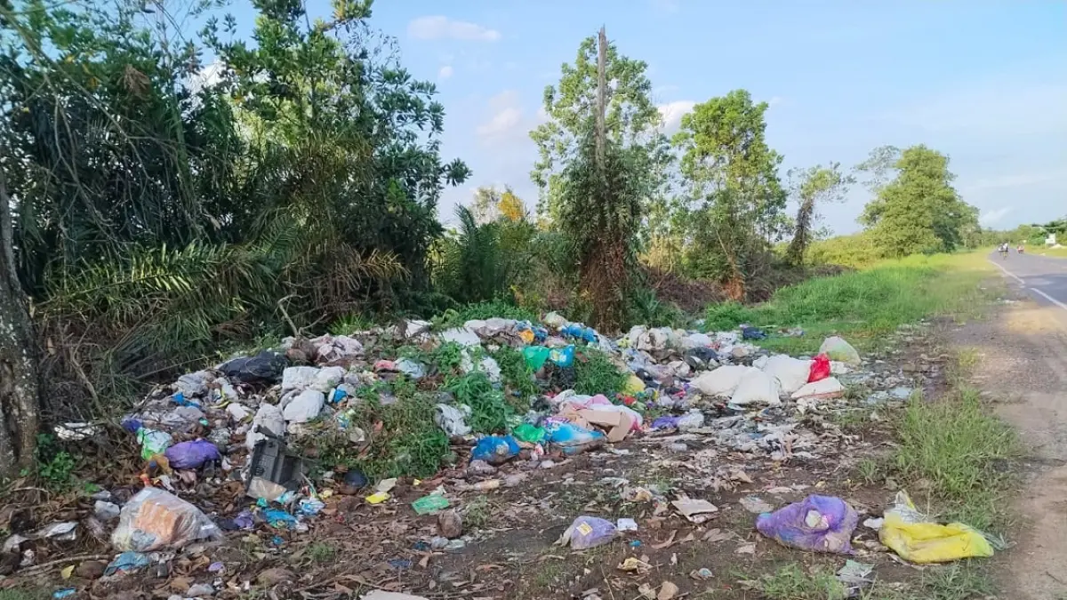 Anggota DPRD Seruyan Subani menunjukkan tumpukan sampah &nbsp;di pinggir jalan negara Kilometer 71 Desa Terawan, Kecamatan Seruyan Raya, Rabu (3/6). &nbsp; (SUBANI/RADAR SAMPIT)