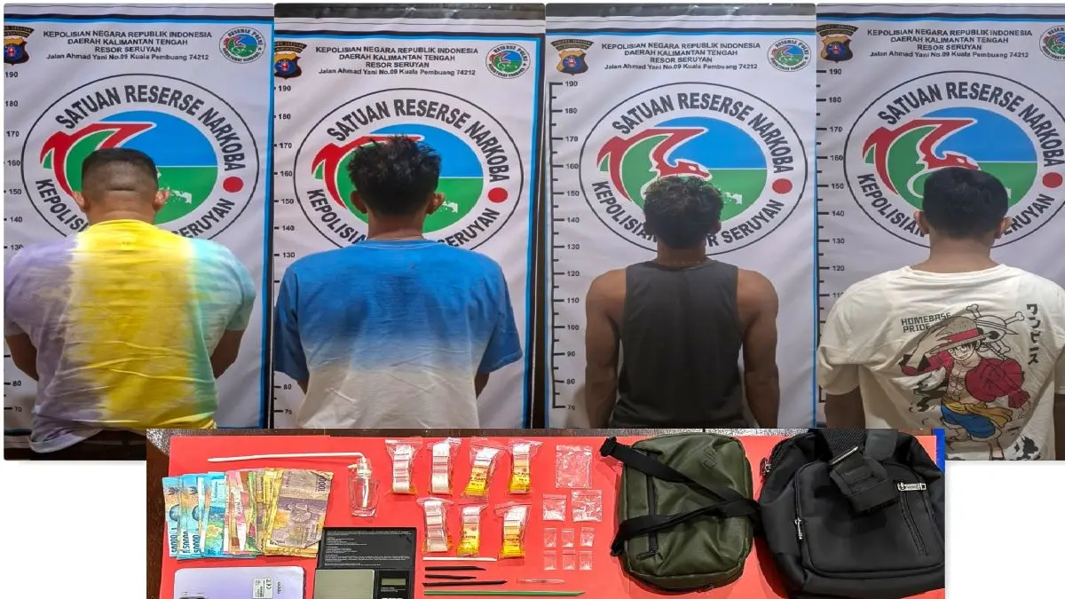BUDAK SABU: Empat sindikat peredaran gelap narkotika asal Kuala Pembuang diamankan bersama barang bukti di Mapolres Seruyan.
