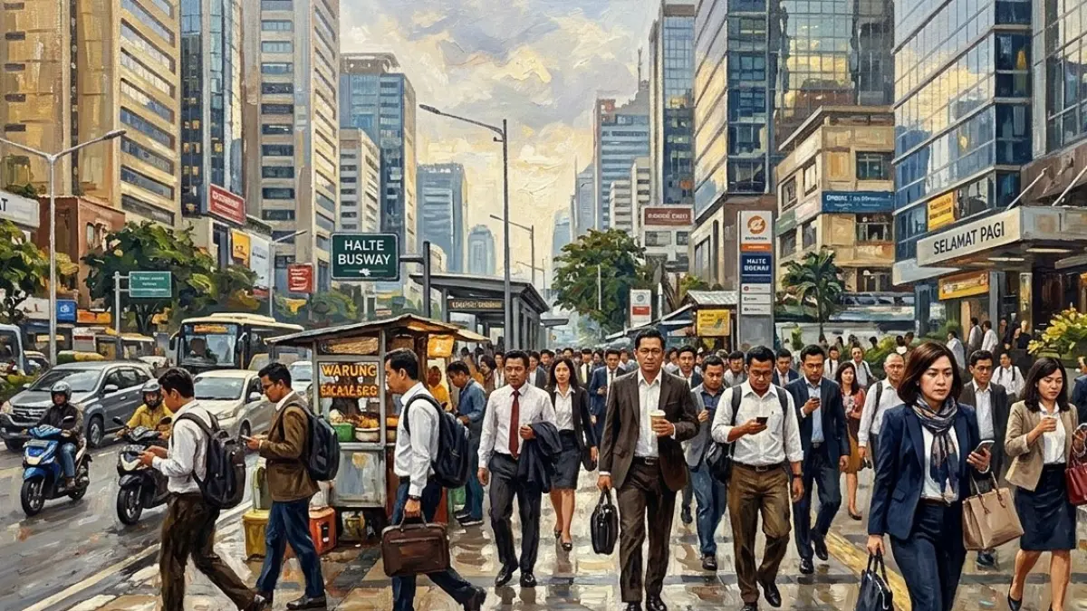 Gambaran aktivitas orang berangkat kerja di kota besar, yang nampak sibuk .(ilustrasi AI)