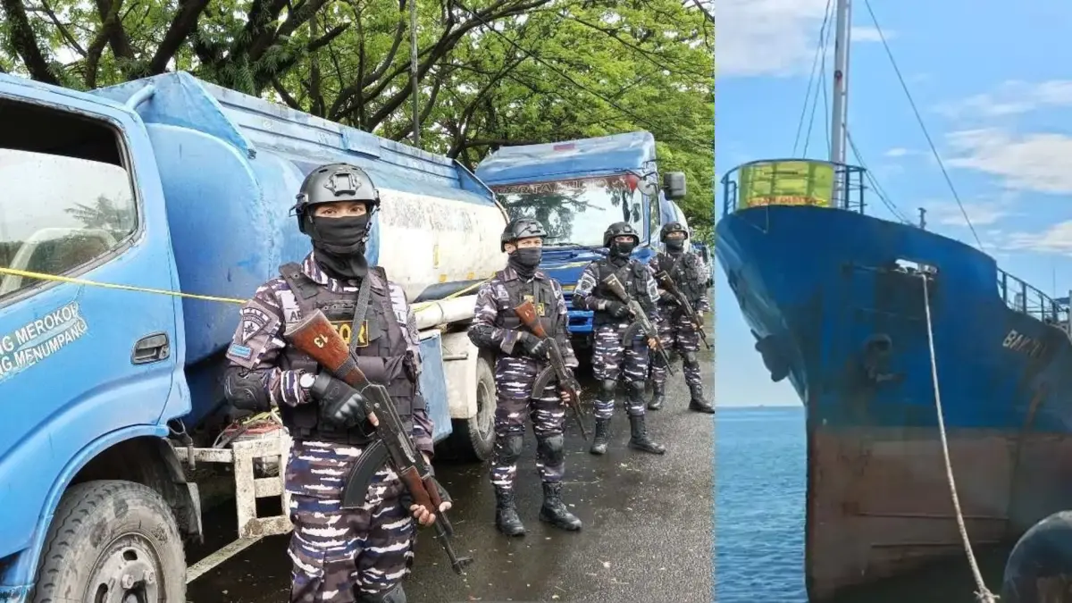 Kapal Tanker Bhakti I dan sejumlah truk tangki yang diamankan aparat kepolisian dan TNI AL (Antara)