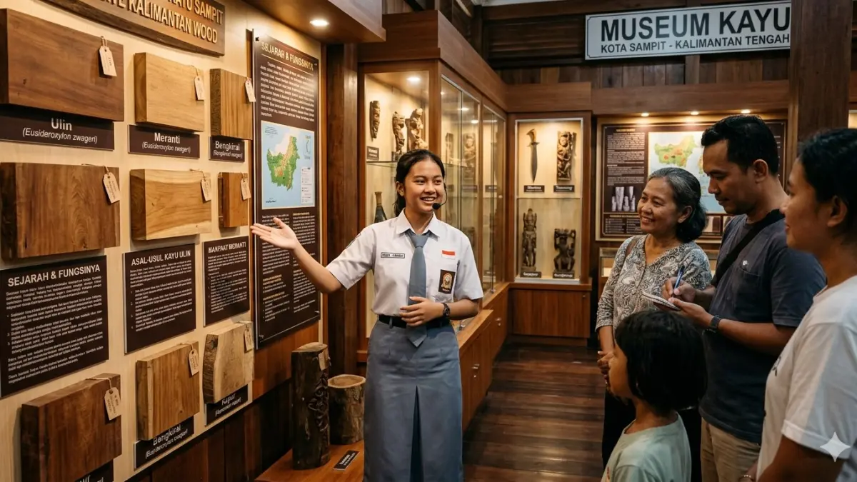 Ilustrasi seorang pelajar mempresentasikan sejarah koleksi kayu dan artefak Museum Kayu kepada pengunjung. (foto: gemini generated image) 