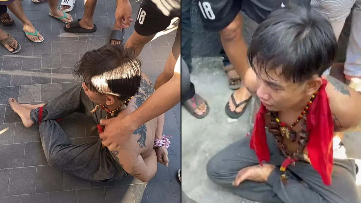 PPEMBACOKAN: RB pelaku pembacoka ibu dan anak di Palangka Raya saat diamankan warga. (Warga/Radar Sampit)