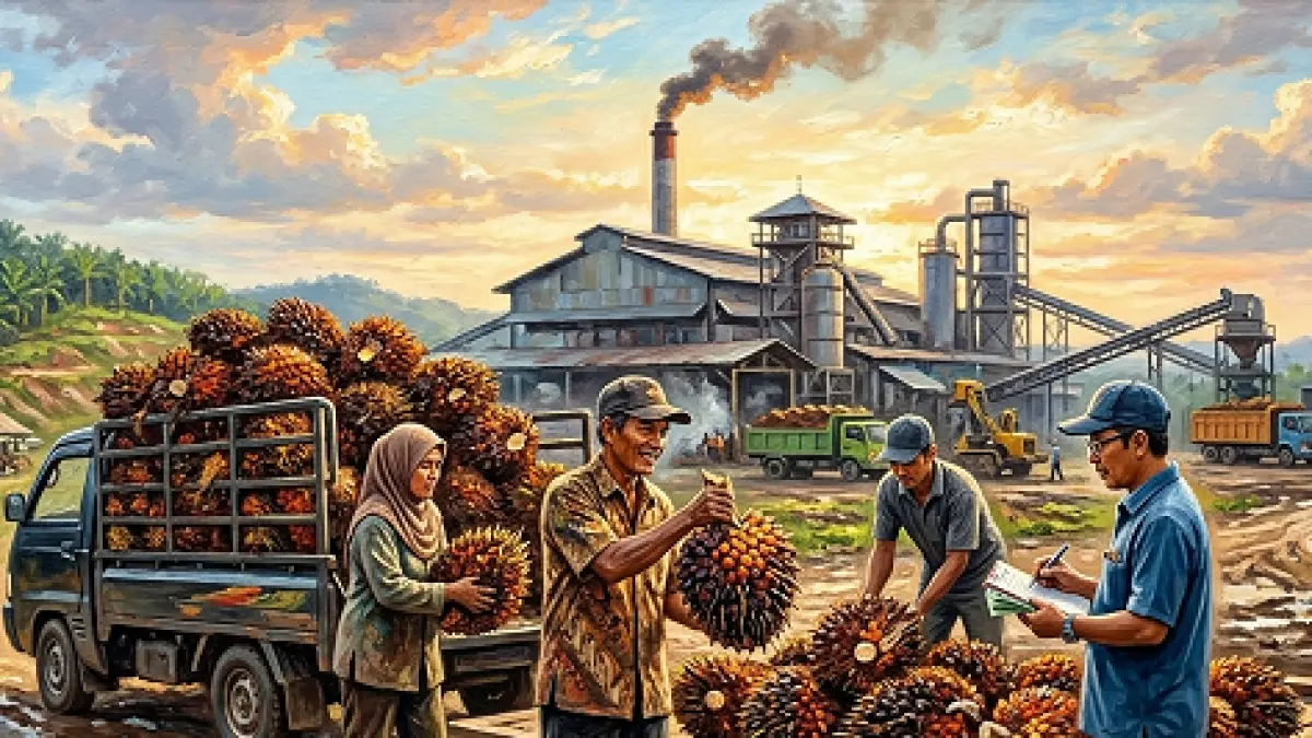 Ilustrasi jual beli TBS antara petani mandiri dengan pihak PKS. (Diolah dengan AI)