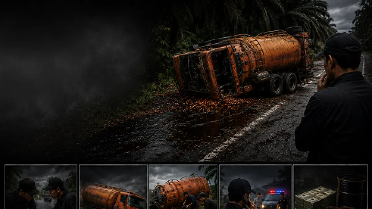 Ilustrasi sebuah truk CPO terguling, hasil rekayasa lalulintas untuk tujuan melindungi aksi penggelapan. (AI)