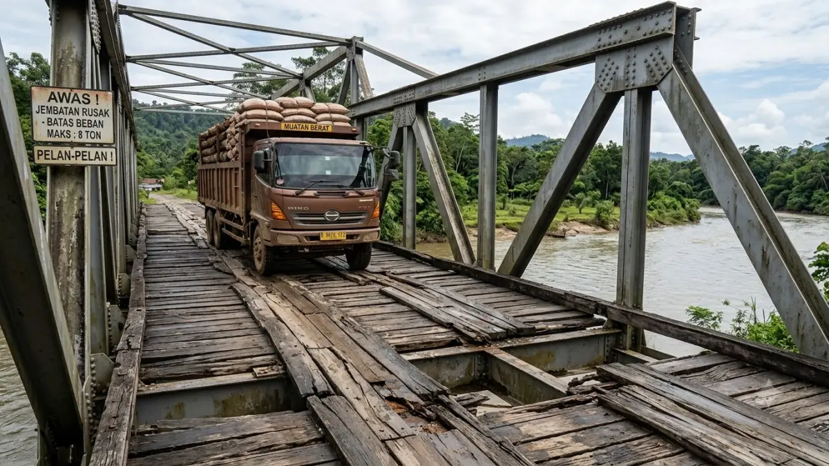 Ilustrasi jembatan berkonstruksi baja namun lantainya masih menggunakan kayu.  (gemini generated image) 