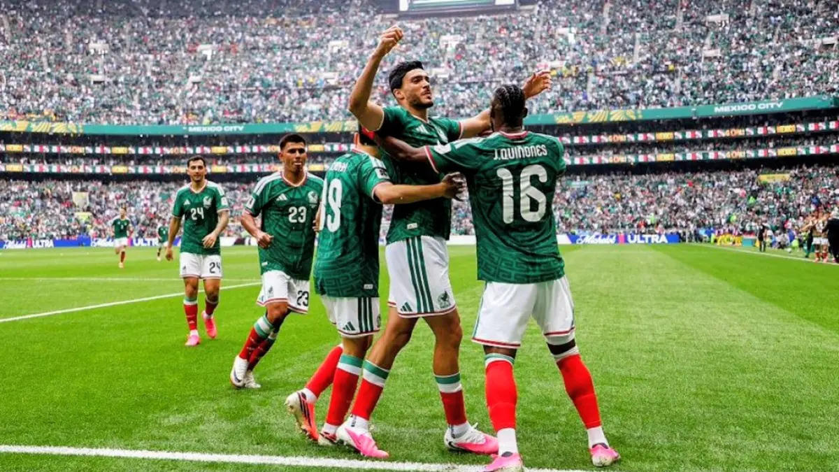 Selebrasi Pemain Meksiko setelah mencetak gol ke gawang Afrika Selatan, dalam laga perdana Piala Dunia 2026, Jumat (12/6) dini hari WIB.(net)
