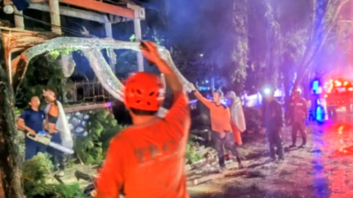 Personel TRC BPBD Kobar membersihkan tumbangkan pohon di depan TMP Indra Pura, Jalan Iskandar, Pangkalan Bun, belum lama ini.(ist/BPBD)