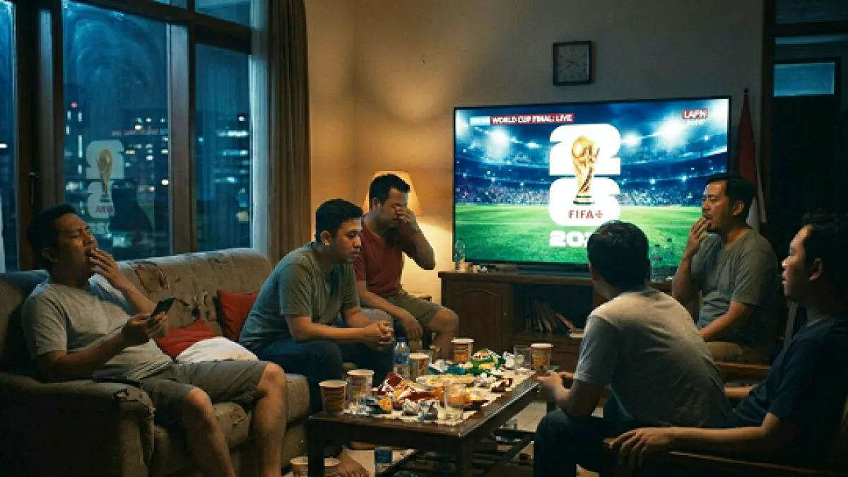 Beberapa orang rela begadang sampai dini hari demi menyaksikan siaran pertandingan Piala Dunia 2026.(ilustrasi AI)