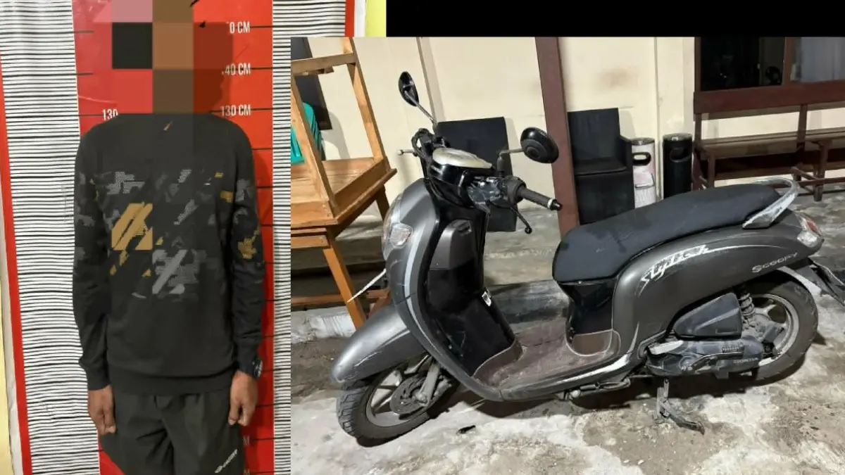 CURANMOR: Pelaku RP (35) bersama barang bukti motor curian diamankan di kantor polisi. FOTO: IST/RADAR SAMPIT