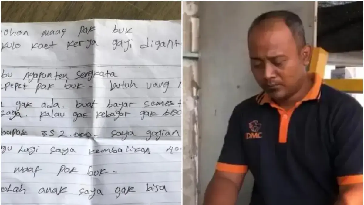 Pemilik toko kelontong di Mojokerto saat membaca surat permintaan maaf dari seorang maling yang mencuri uangnya. (Dok.Radar Mojokerto)