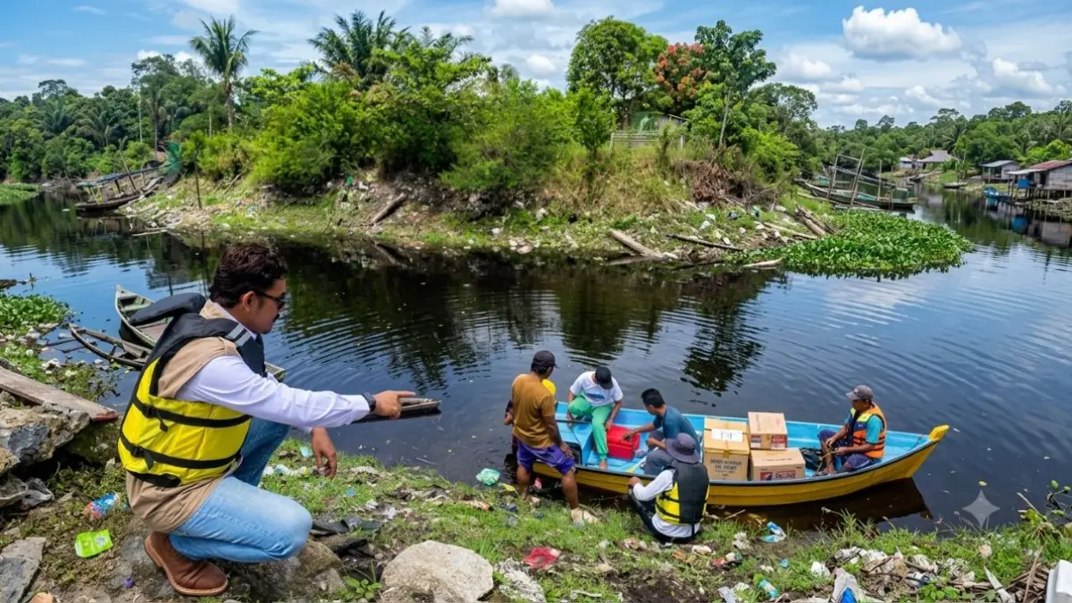 BERSIH-BERSIH - PT PLN (Persero) melalui UPP KLB 3 di bawah naungan UIP KLB bersama Kelurahan Palangka dan masyarakat melaksanakan aksi bersih sungai dalam rangka memperingati Hari Lingkungan Hidup Sedunia. FOTO: IST. RESTORASI/RADAR SAMPIT
