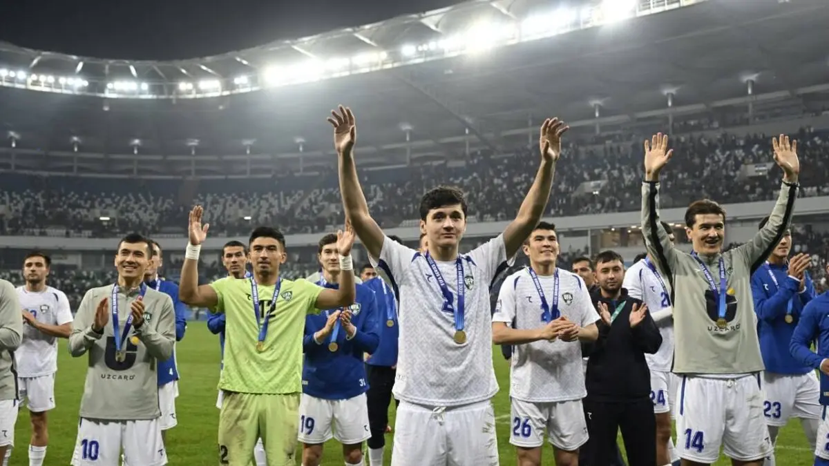 Para pemain Uzbekistan, yang akan menjalani debut mereka di ajang Piala Dunia, Kamis (18/6) WIB.(net)