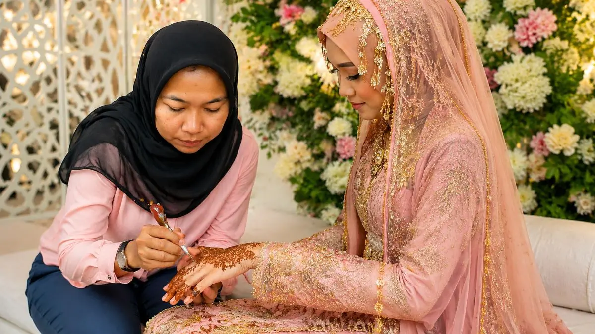 Ilustrasi/Henna Artist sedang merias tangan pengantin