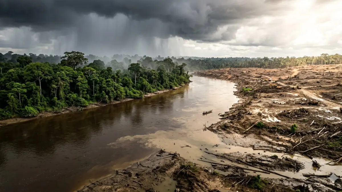 Ilustrasi kerusakan hutan dan sungai di Kalimantan Tengan. (Gemini Generated Image)   