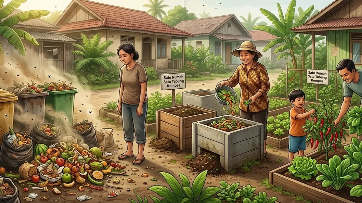 Ilustrasi pengelolaan sampah dapur menjadi pupuk kompos untuk tanaman sayur di pekarangan rumah. (Gemini Generated Image)