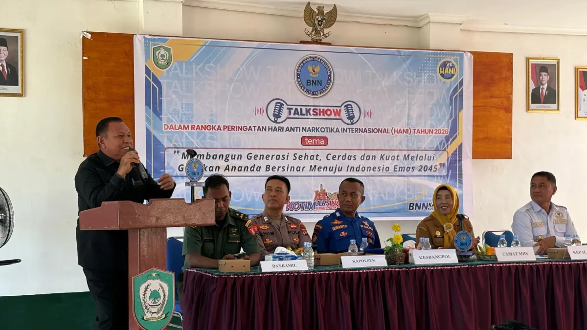 Anggota DPRD Kotawaringin Timur Rudianur menghadiri talk show Hari Anti Narkotika Internasional (HANI) 2026 di Aula Kecamatan Mentaya Hilir Selatan (MHS), Senin (22/6). (yuni/radar sampit)