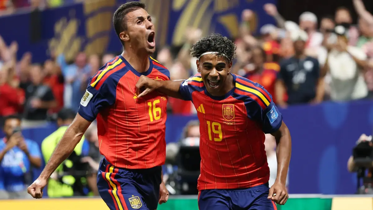 Selebrasi Lamine Yamal setelah membuka keunggulan untuk Spanyol, saat mengalahkan Arab Saudi, Senin (21/6) dini hari WIB.(net)