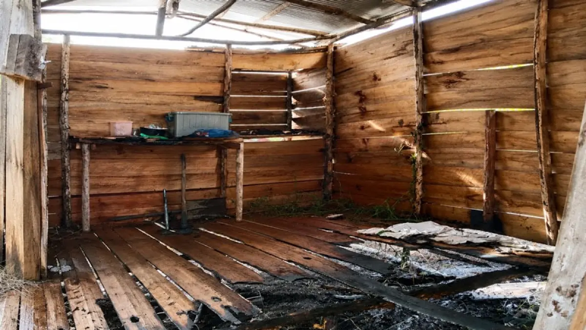 Rumah kayu milik salah seorang warga di Jalan Amin Klaru, kawasan Lingkar Kota Selatan, turut menjadi amukan api yang membakar lahan seluas 4 hektare, Selasa (23/6/2026). (BPBD Kotim)