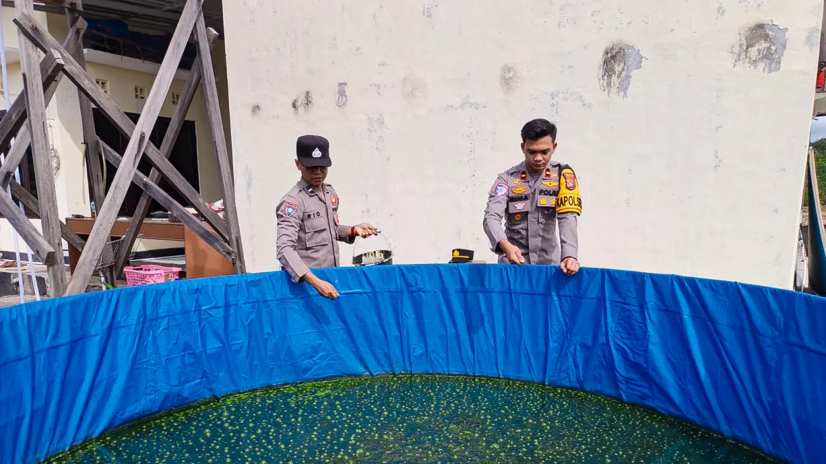 KETAHANAN PANGAN: Kapolsek Hanau Ipda Bima Satria Susilo melakukan pengecekan budidaya ikan lele. (RIFANI/RADAR SAMPIT)