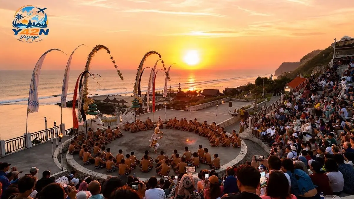 TARIAN SAKRAL: Sensasi menonton Tari Kecak memberikan pengalaman yang magis, dramatis, dan mendalam karena pertunjukan ini tidak menggunakan alat musik instrumental sama sekali, melainkan mengandalkan suara manusia secara serempak. Perpaduan antara ritual sakral, gerakan ritmis, dan latar belakang matahari terbenam menciptakan atmosfer yang sangat memukau. FOTO: Y42N VOYAGE/RADAR SAMPIT